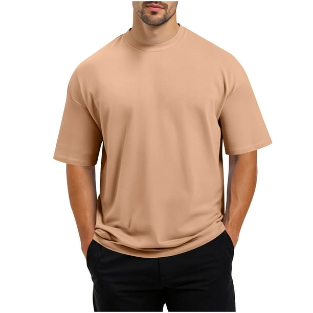 Manga Corta de Verano Tops de Color Sólido Casual Manga Corta Cuello Redondo Doblado Hendidura Superior, Camisa de Fibra de Poliéster para Hombres, Lavado de Manos