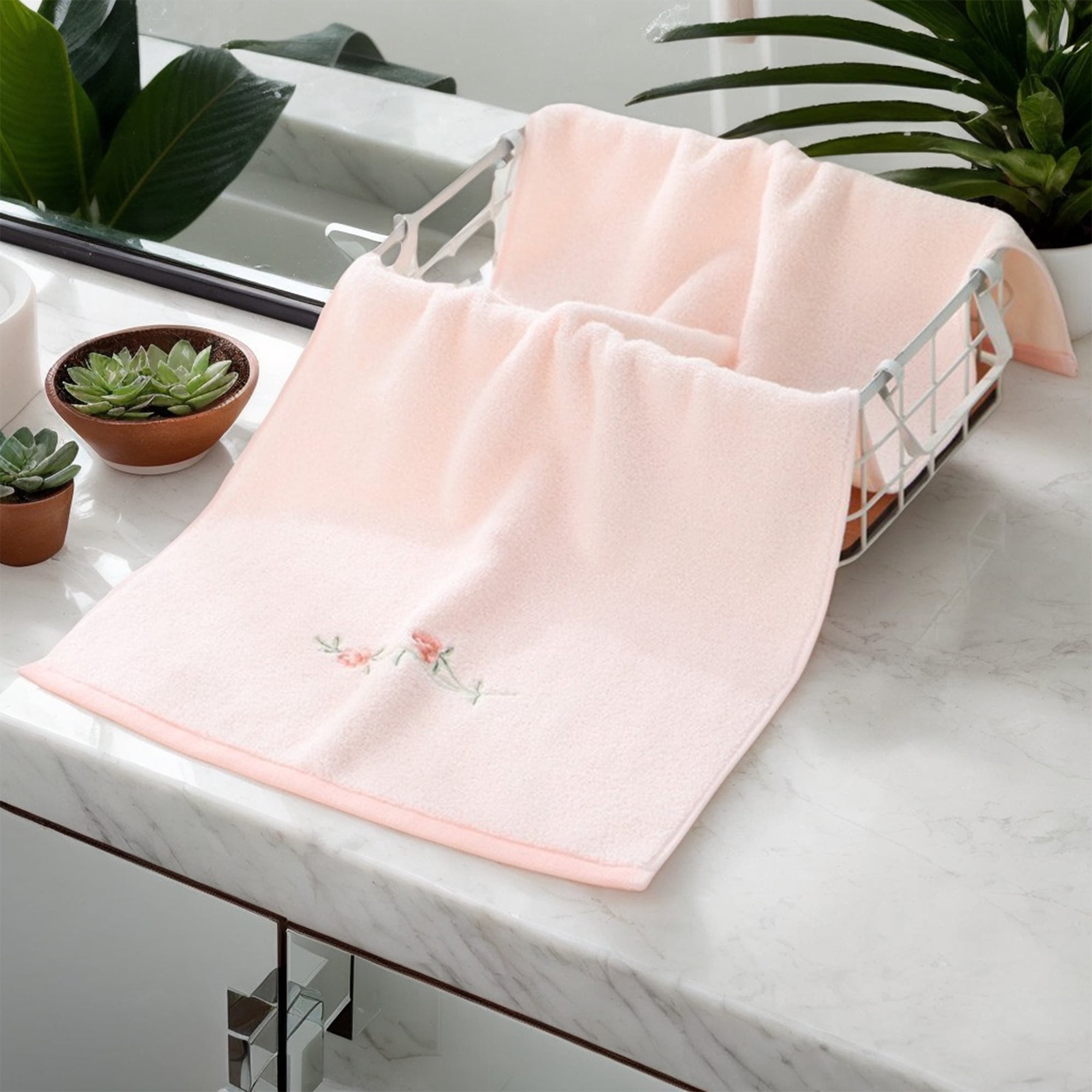 Unique Bargains Cotton Floral Embroidered Absorbent Towel Set Pink 2 Pcs