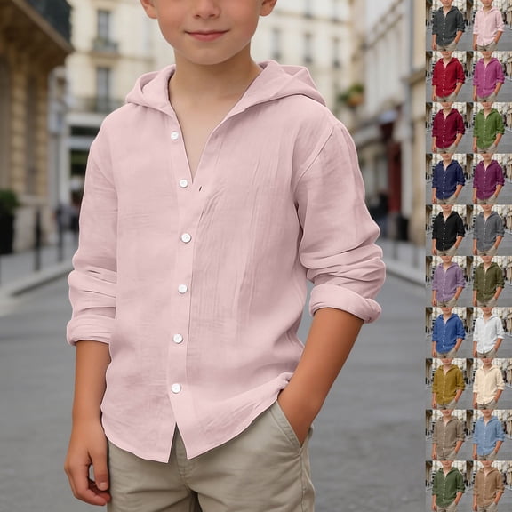 Shadoumai Boys Linen Shirt Cotton Quarter Button Up Summer Boho Hooded T-Shirt Teen Kids Solid Breathable Long Sleeve Beach Tops