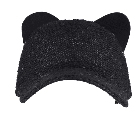 Lux Accessories Black Sequin Cat Ear Baseball Cap Dat Hat Trendy Hat for Girls