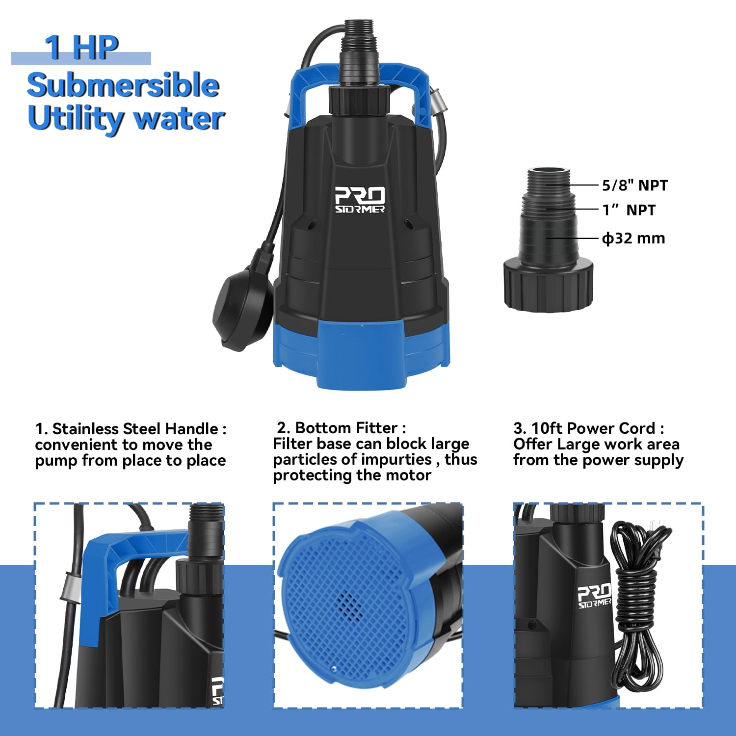 PRO 1HP Water Pump, 3430GPH Submersible Portable Clean Water Pumpe with Automatic Float Switch for Basement Flooding, Draining, Swimming Pool