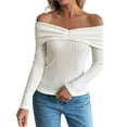 thumbnail image 2 of HOMBOM Off The Shoulder Sweater for Women Slim Long Sleeve White Boat Neck Knit Tops Winter Solid Womens Elegant, 2 of 9