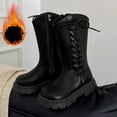 thumbnail image 2 of Miluxas Kid's Girls Leather Lace up Side Zipper Mid Calf Combat Riding Boots Winter Fleece Lined Warm Casual Boots (Toddler/Little Kid/Big Kid) Black 11 M(28), 2 of 9