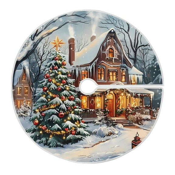 Ryvnso Christmas Tree Skirt Christmas House Scene Xmas Tree Skirts Ornament Home Decorations 35.4"