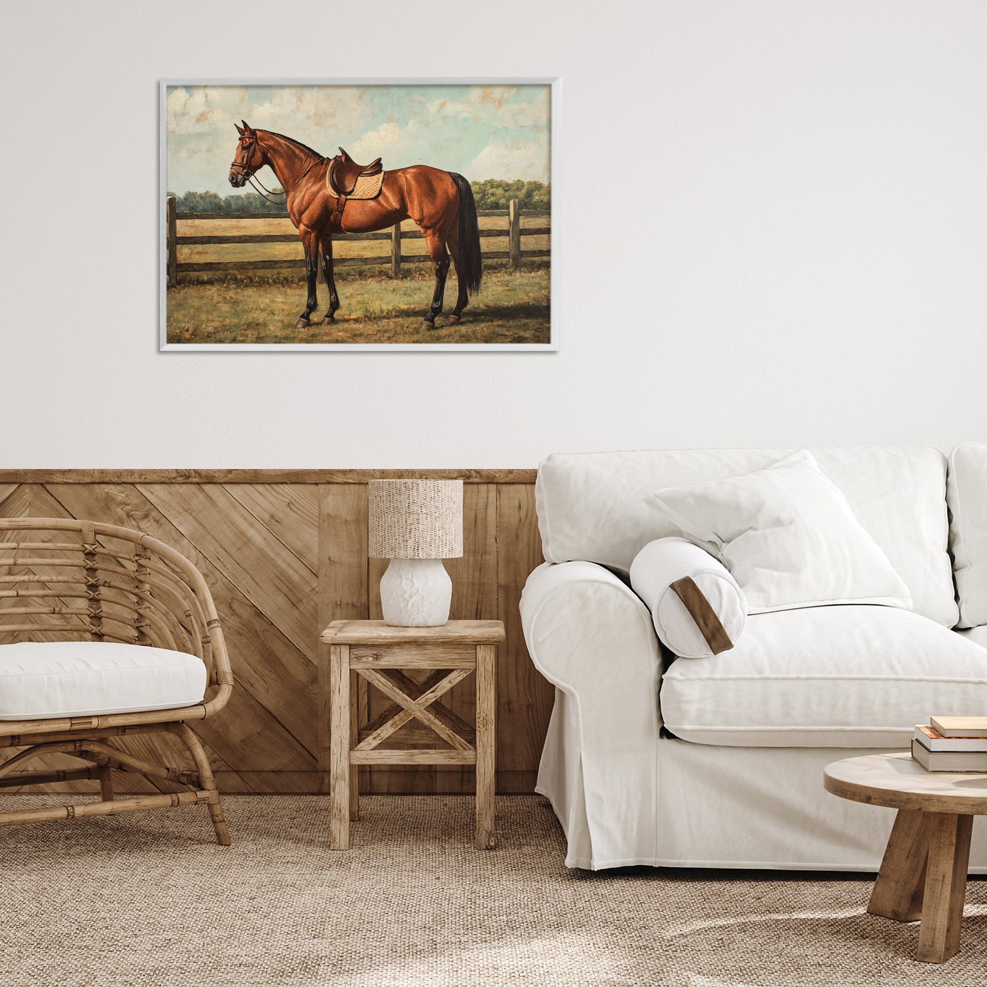 Stupell Industries Chocolate Stag Saddled in Pasture White Framed Giclee Art, design by Petal Prints Design