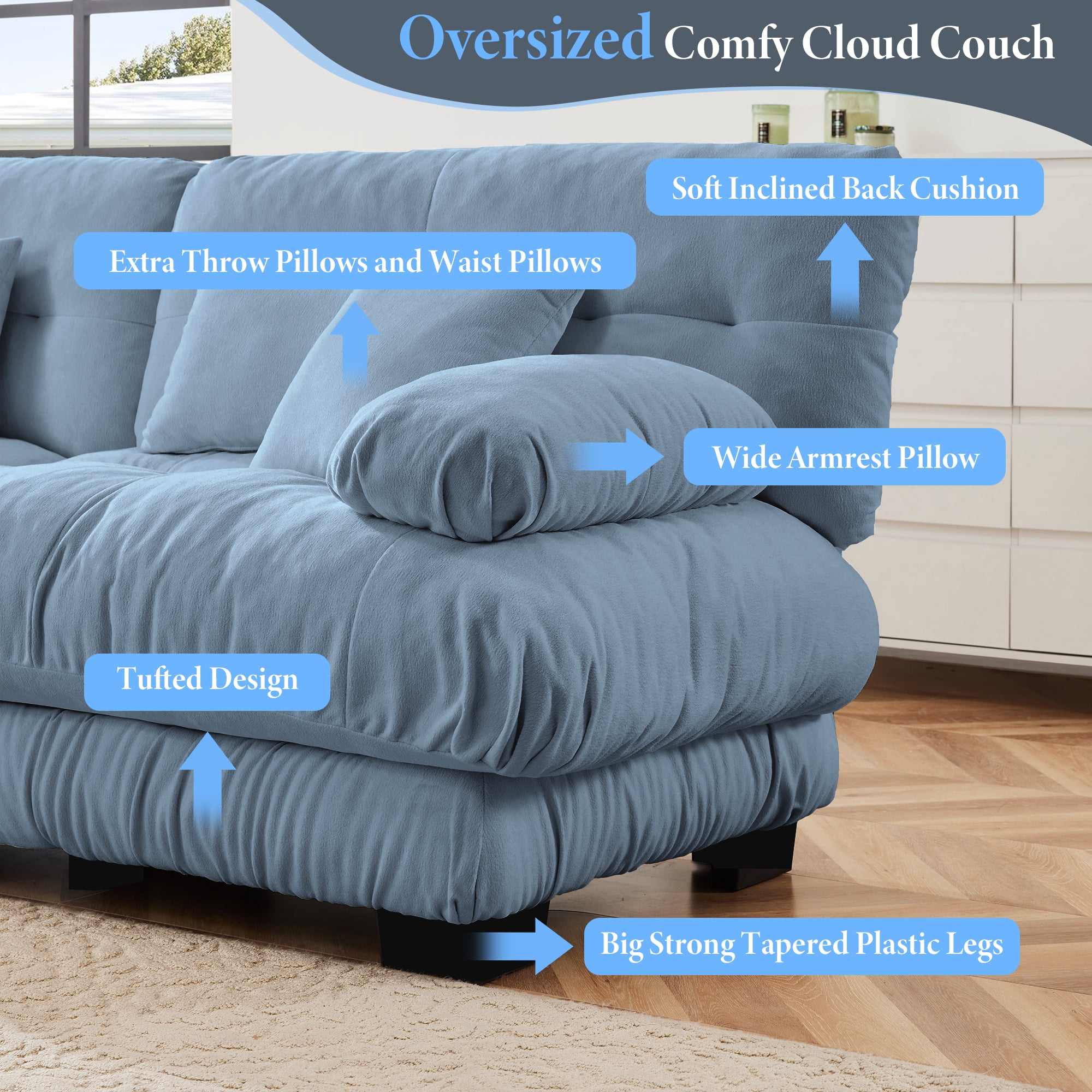 FFH 173.2" Modular Sectional Sofa, U Shaped Couch for Living Room, 4-Seater Comfy Cloud Couch with Deep Seat (Chenille Blue, 4 Seater with 2 Ottomans)