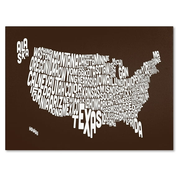 Trademark Art 'CHOCOLATE-USA States Text Map' Canvas Art by Michael Tompsett