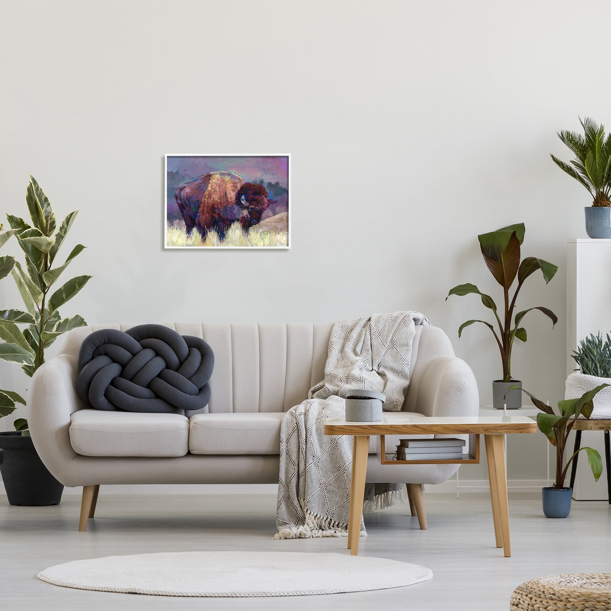 Stupell Industries Vibrant Bison Grazing Rural Meadow Purple Landscape Painting White Framed Art Print Wall Art, Design by Robert Jackson