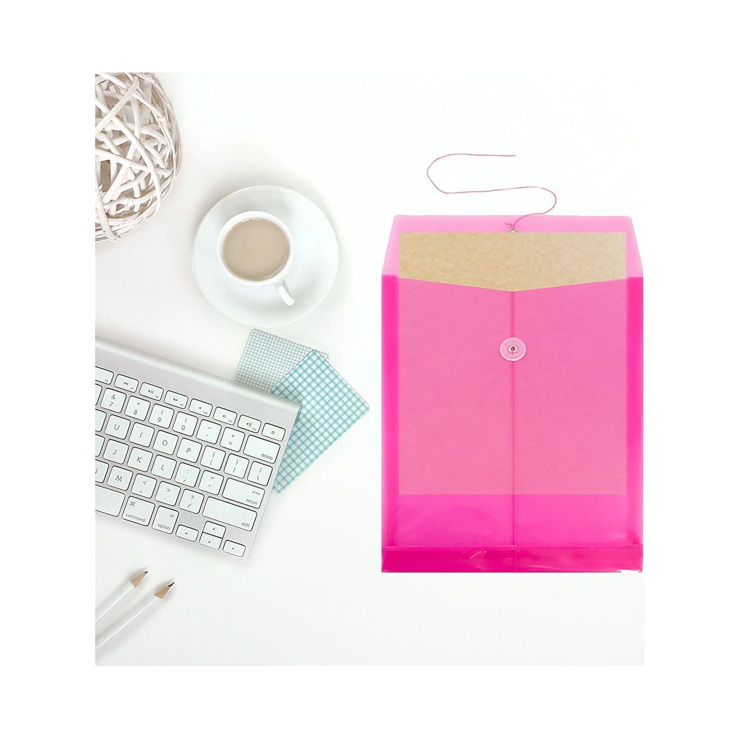 JAM Paper Plastic Envelopes, 9.8x11.8, 12/Pack, Hot Pink, Button String, Letter Open End