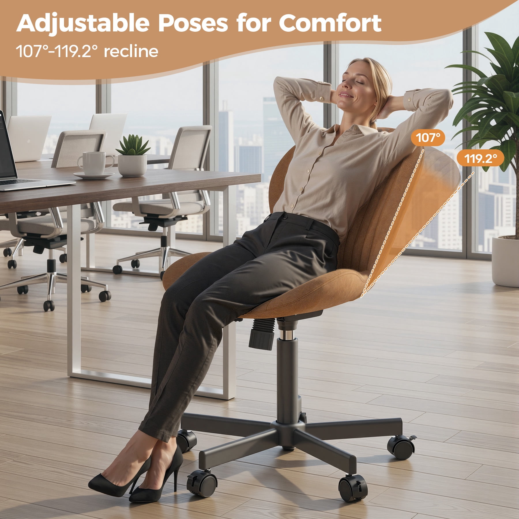 MOONMISS Mid Back PU Leather Desk Chair with Wheels,Armless Adjustable Swivel Vanity Chair for Bedroom Home Office Living Room,Brown