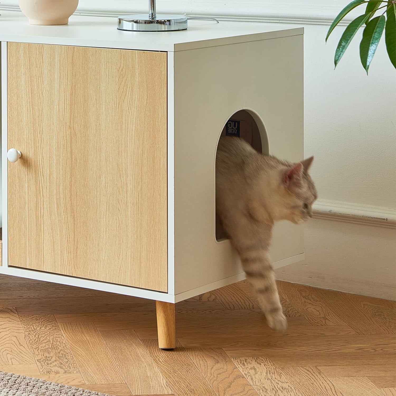 JanflyHome Litter Box Enclosure for 2 Cats, Hidden Litter Box with Double Room and Scratching Board, Cat House Kitty Washroom, Natural Wood