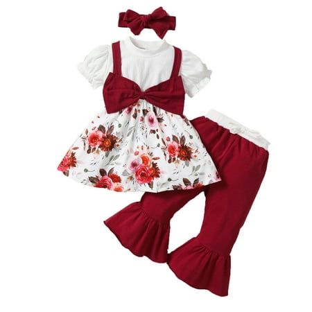 

Qufokar Infant Girl mas Outfit Dress Pants for Teen Girls Toddler Kids Girls Outfit Floral Prints Bowknot Short Sleeve Tops Bell Bottom Pants Hairband 3Pcs Set Outfits