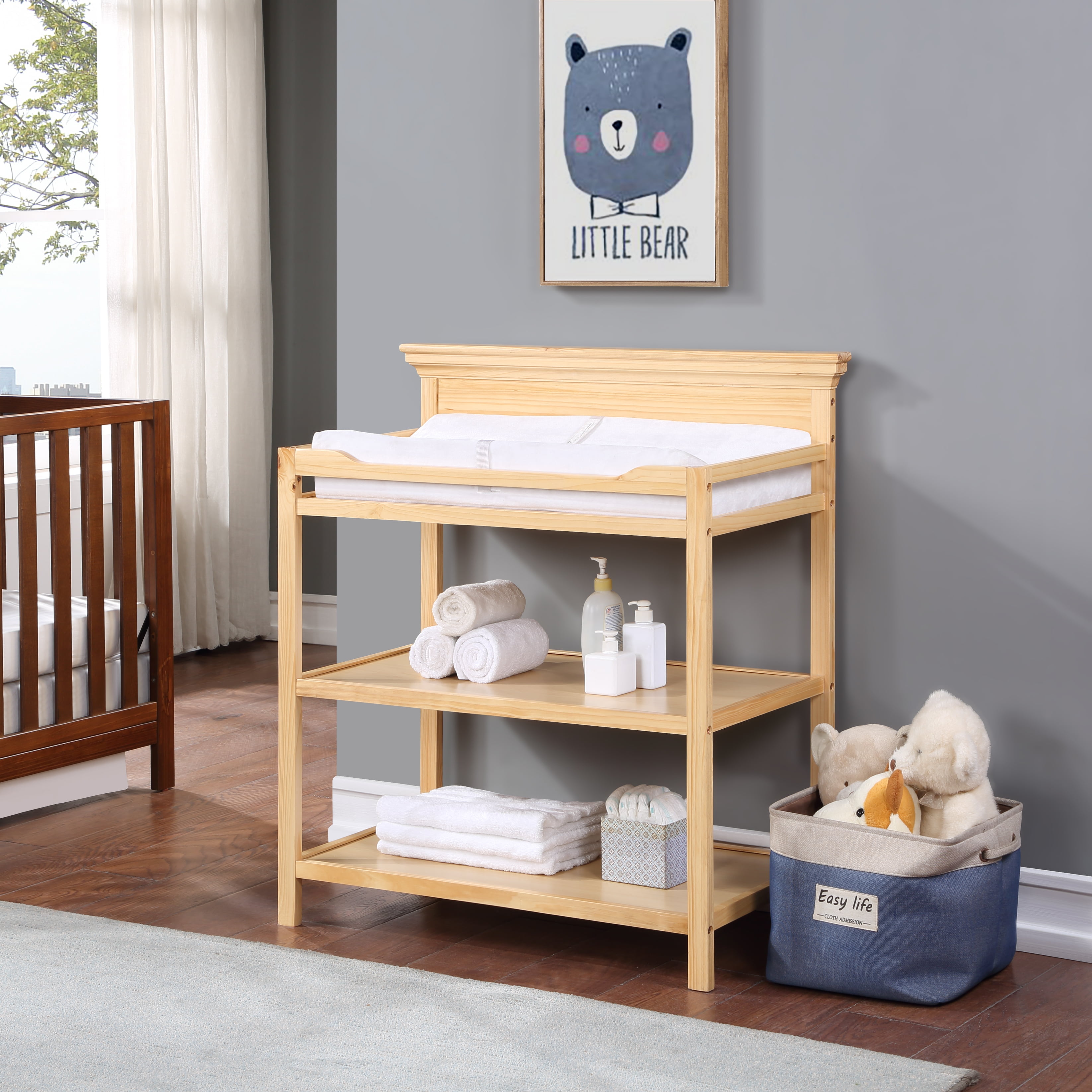 Natural Wood Changing Table - 40" Baby Dresser with 2 Shelves & Safety Rails, Convertible Nursery Storage