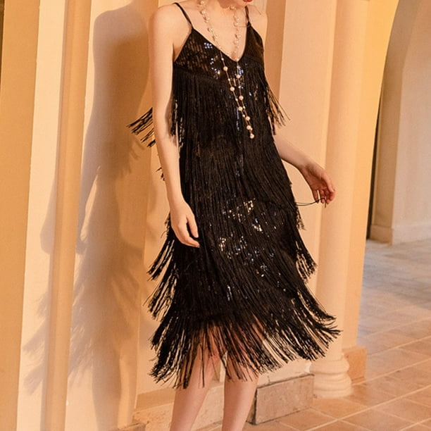 Vestido Suspendido Vestido de tirantes de espagueti para mujer Vestido de flecos para fiesta de graduación con borlas de lentejuelas (Negro M) Kuymtek para Mujer Negro T L