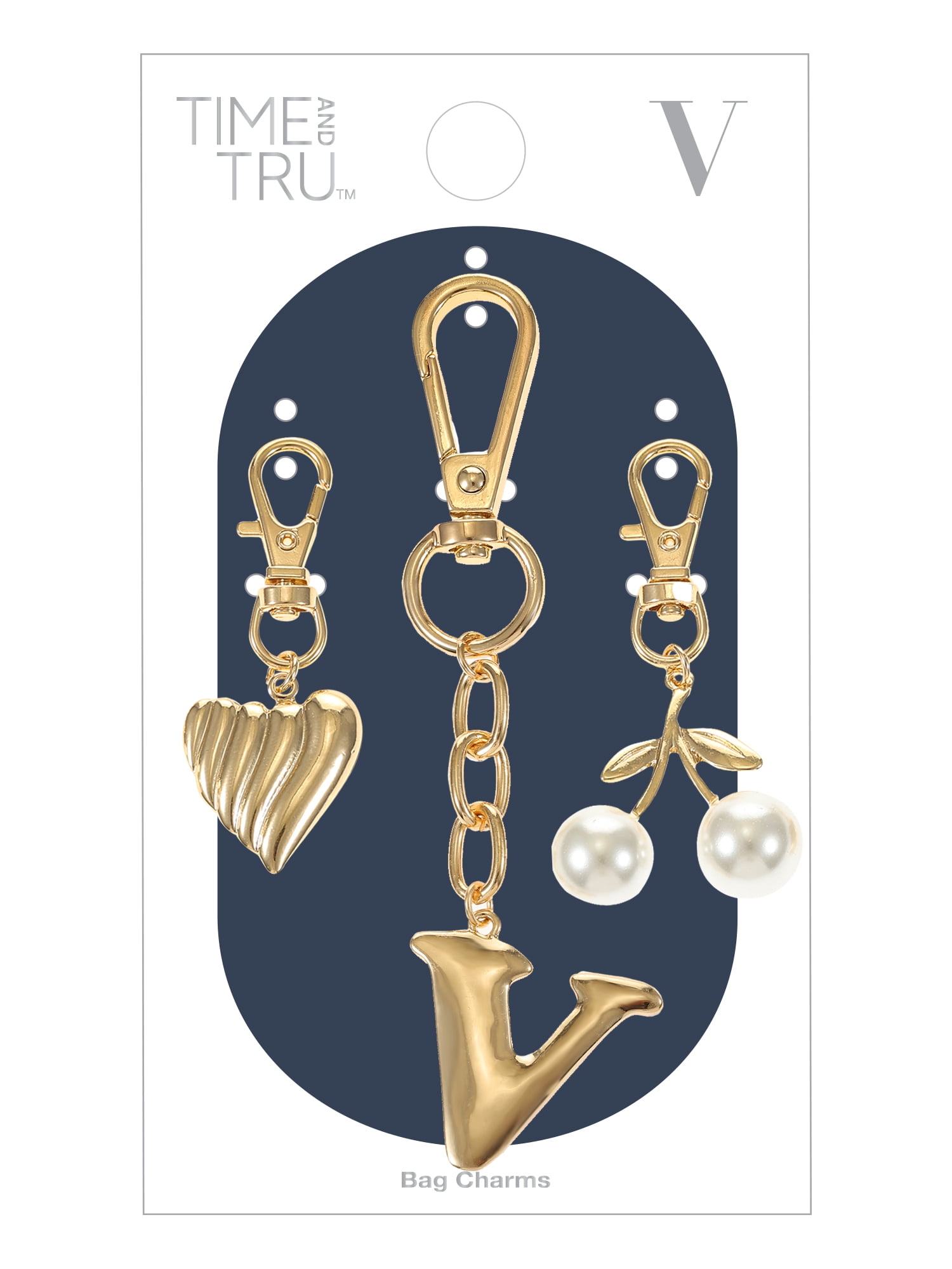 Time and Tru Goldtone Initial Letter Bag Charm Set, 3 Pieces, Letter V