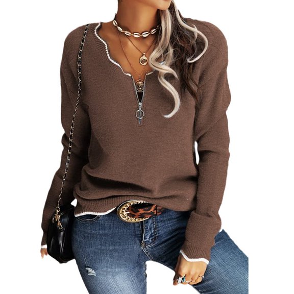 Langwyqu Spring Fall Women Long Sleeved Half Zipper Knit Pullover Sweater