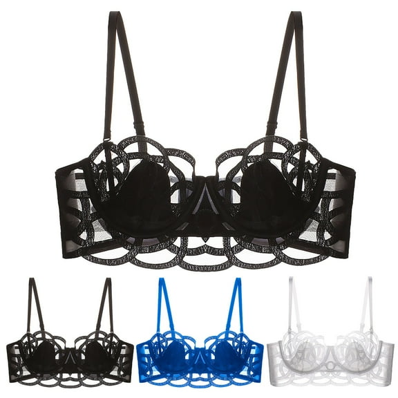 Front Buckle Printed Bra for Women, Soft and Comfortable Underwear, Breathable Mesh Embroidery for Everyday Wear #Black,L