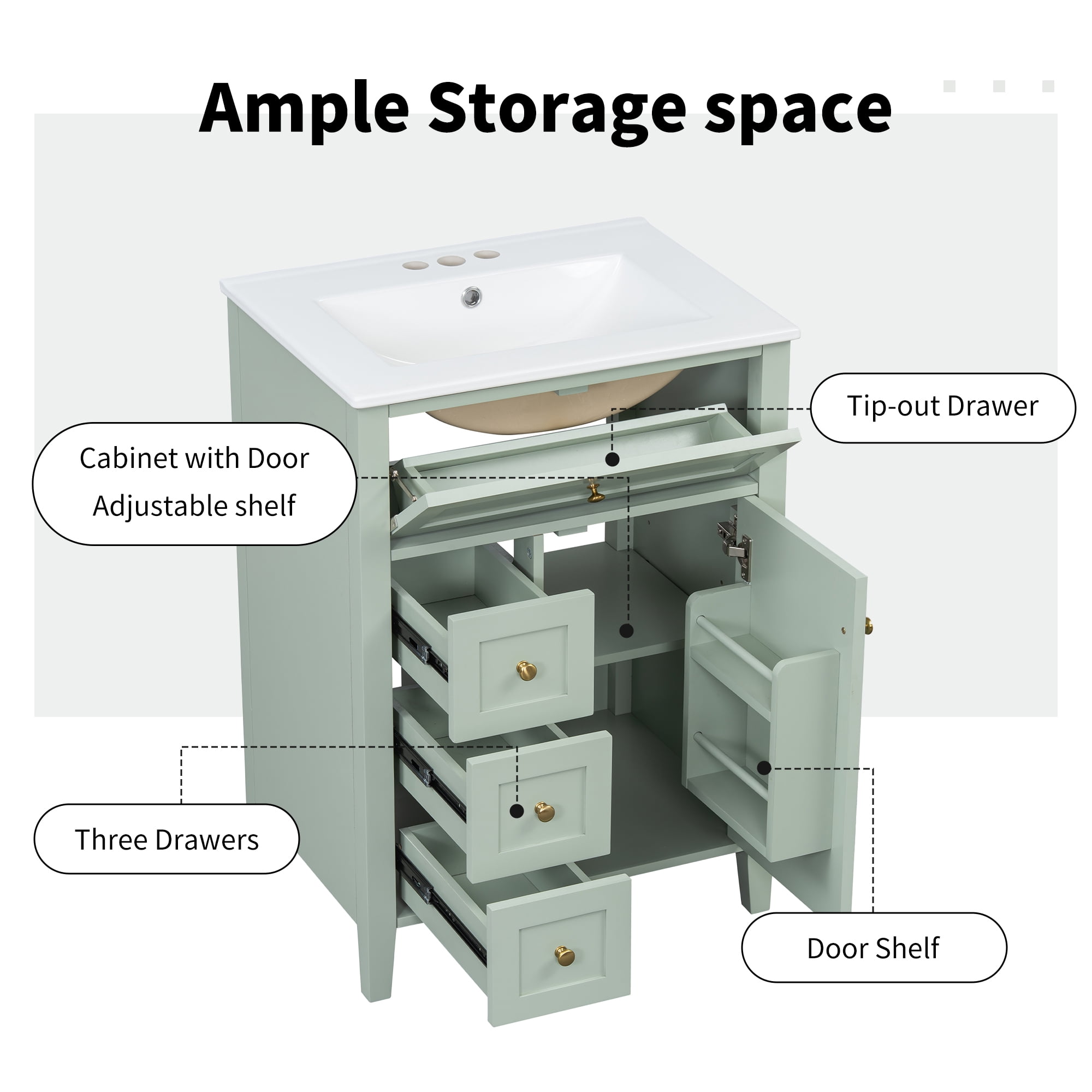 Euroco "24" Green Bathroom Vanity with Sink, MDF & Rubberwood Construction, 3 Drawers & Cabinet with Adjustable Shelves, Modern Design for Small to Medium Bathrooms"
