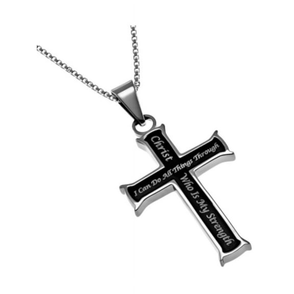 Philippians 4:13 Black Cross Necklace for Women, Stainless Steel with Chain