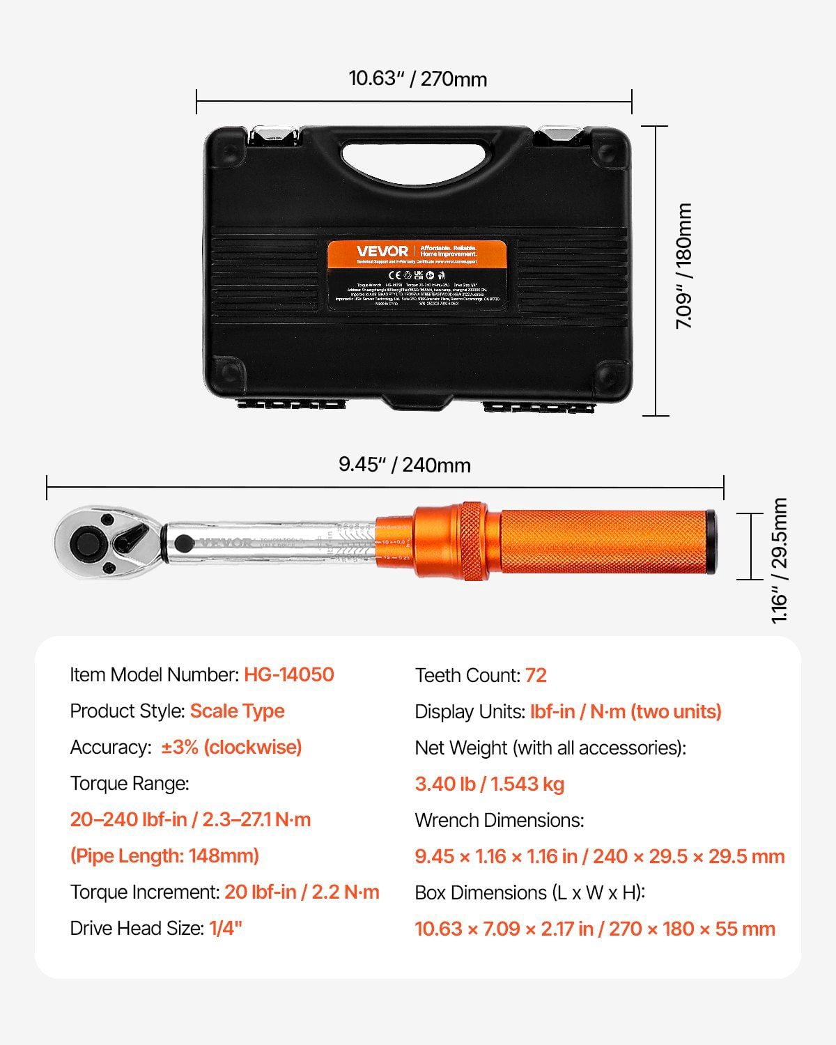 Click Torque Wrench Set, 1/4-Inch Drive, 20-240 lbf.in/2.26-27.1 N.m, 72-Tooth Reversible Ratchet Head, Orange, Precision Instrument for Bicycles, Motorcycles, Cars