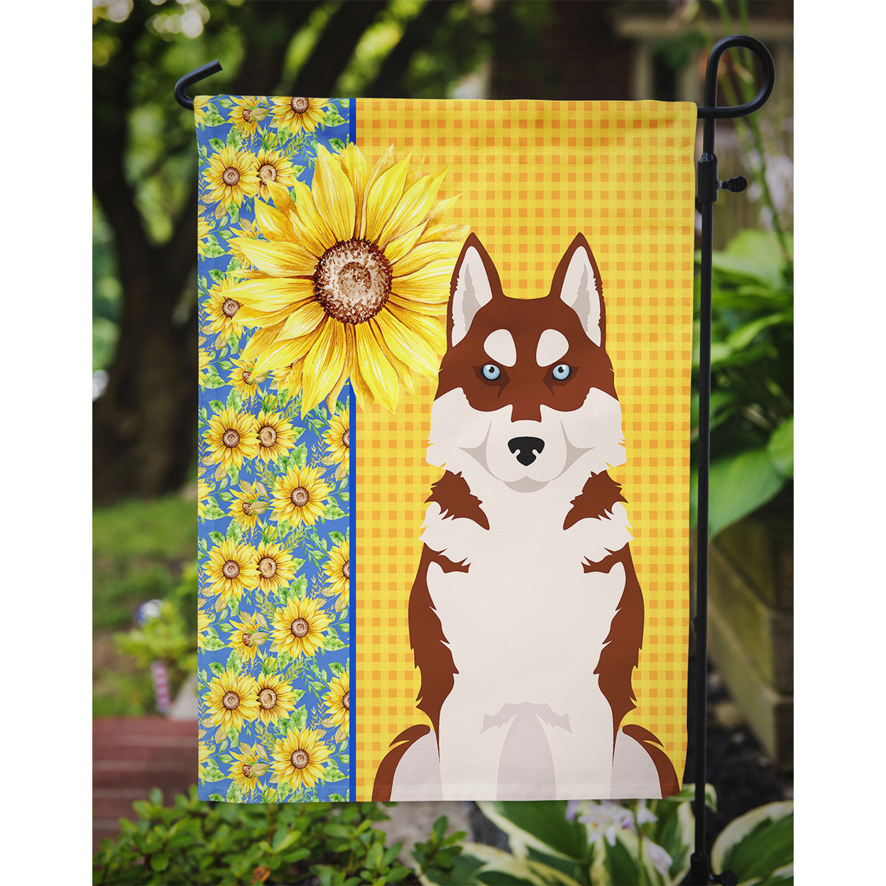 Summer Sunflowers Red Siberian Husky Flag Garden Size