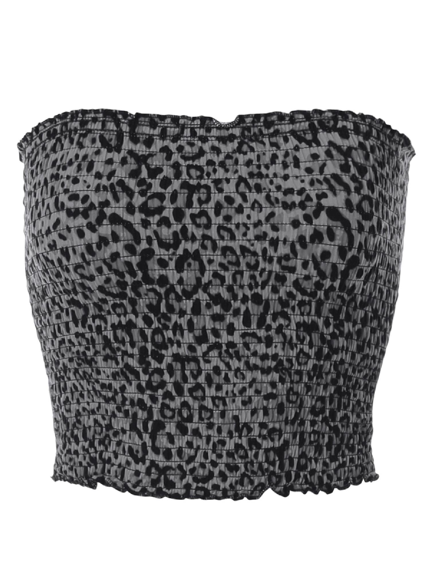Milumia Women's Leopard Print Mesh Tube Crop Top With Scarf - Asymmetric Hem, Strapless, Sleeveless