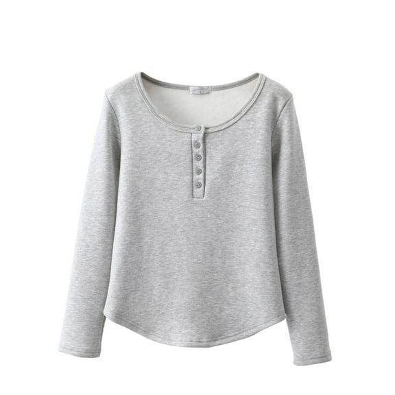 Tnhcen Women's 2025 Thermal Pajama Top Fleece Lined Sleepwear Round Neck Long Sleeve Winter Loungewear Soft Warm Top L-2XL Gray