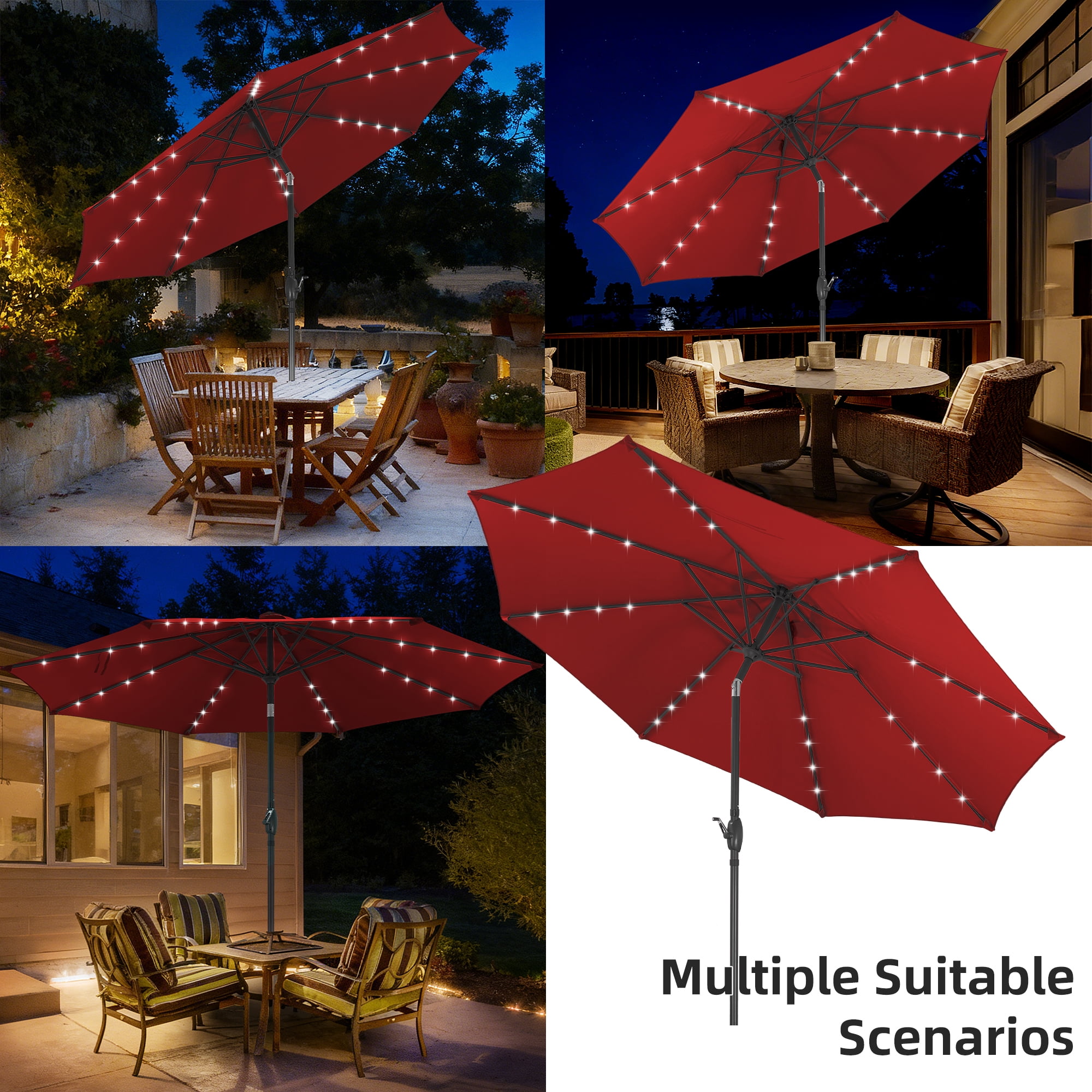 Autlaycil 10ft Patio Umbrellas 32 Solar LED Lights Outdoor Market Umbrella with Tilt Crank, Solar Umnrella - Red