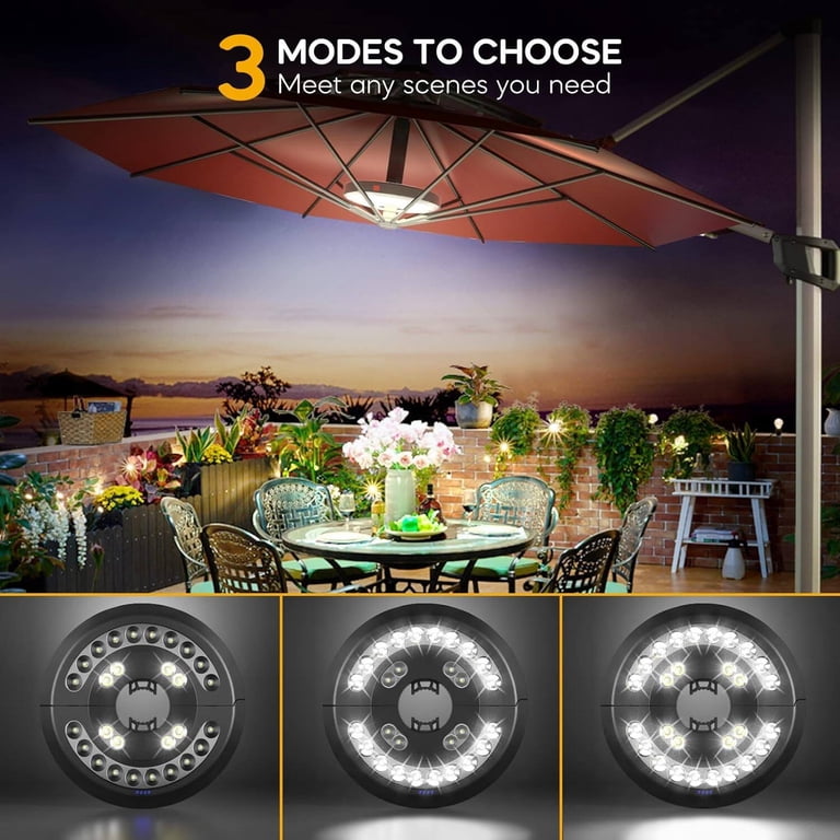 led lights for patio umbrella poles ZNYCYE Solar Lights, 8 Strands Umbrella Outdoor with 8 Modes 3V Solar Panel Clip 112 Outdoor Waterproof Beach Deck Garden Camping Tents Party Decoration(Warm White) Just press the ON/OFF switch to change the modes from inter 8 LED lights Ultimate Patio SC-ECG-267-2PK Patio Umbrella