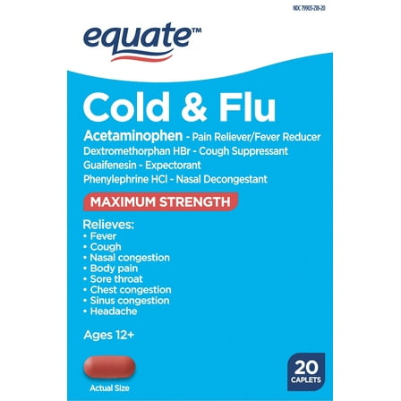 Equate Maximum Strength Daytime & Nighttime Cold and Flu Relief Caplets, 20 Count