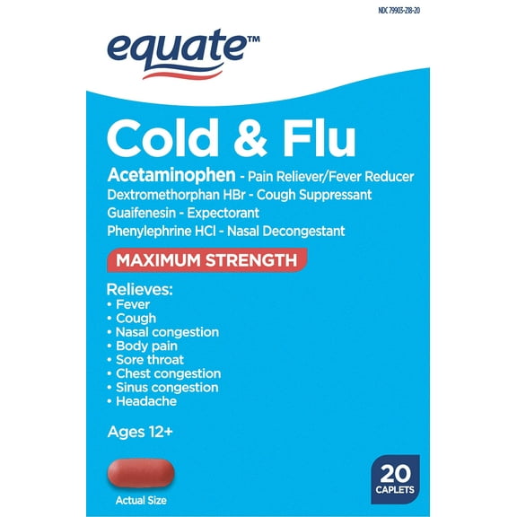 Equate Maximum Strength Daytime & Nighttime Cold and Flu Relief Caplets, 20 Count