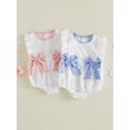 thumbnail image 3 of BemeyourBBs Newborn Baby Girls Summer Clothes Jacquard Bubble Romper Bow Decorated Ruffle Sleeveless Crew Neck Bodysuit Playsuit, 3 of 9