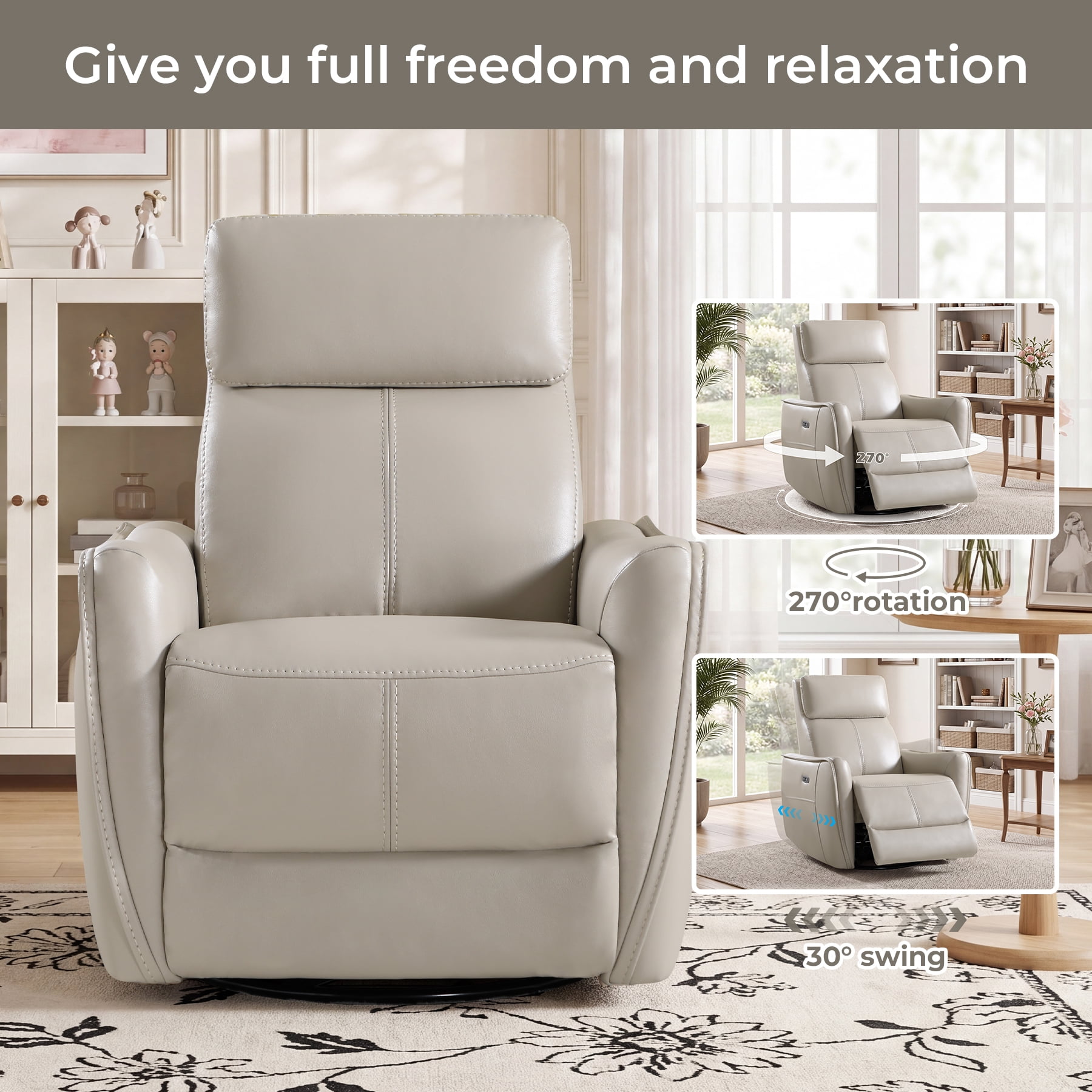 Ebello Power PU Leather Swivel Rocker Recliner, Electric Swivel Glider Chair with USB & Type-C Ports for Nursery, Living Room, Gray