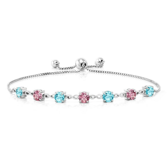 Gem Stone King 925 Sterling Silver Swiss Blue Topaz and Pink Lab Grown Diamond Infinity Links Bracelet for Women (3.08 Cttw, Round 4.5MM, Fully Adjustable up to 9 inch)