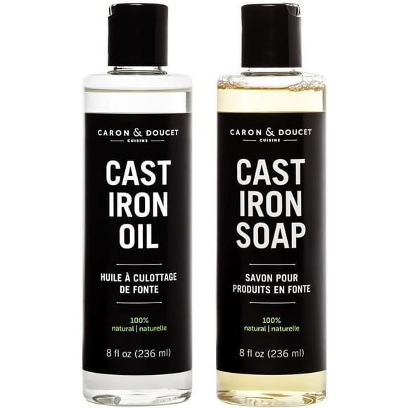 Caron & Doucet - Cast Iron Cleaning & Conditioning Set: Seasoning Oil & Cleaning Soap | 100% Plant-Based | Best for Washing, Restoring & Seasoning Cast Iron Skillets, Pans & Grills! 8oz Each