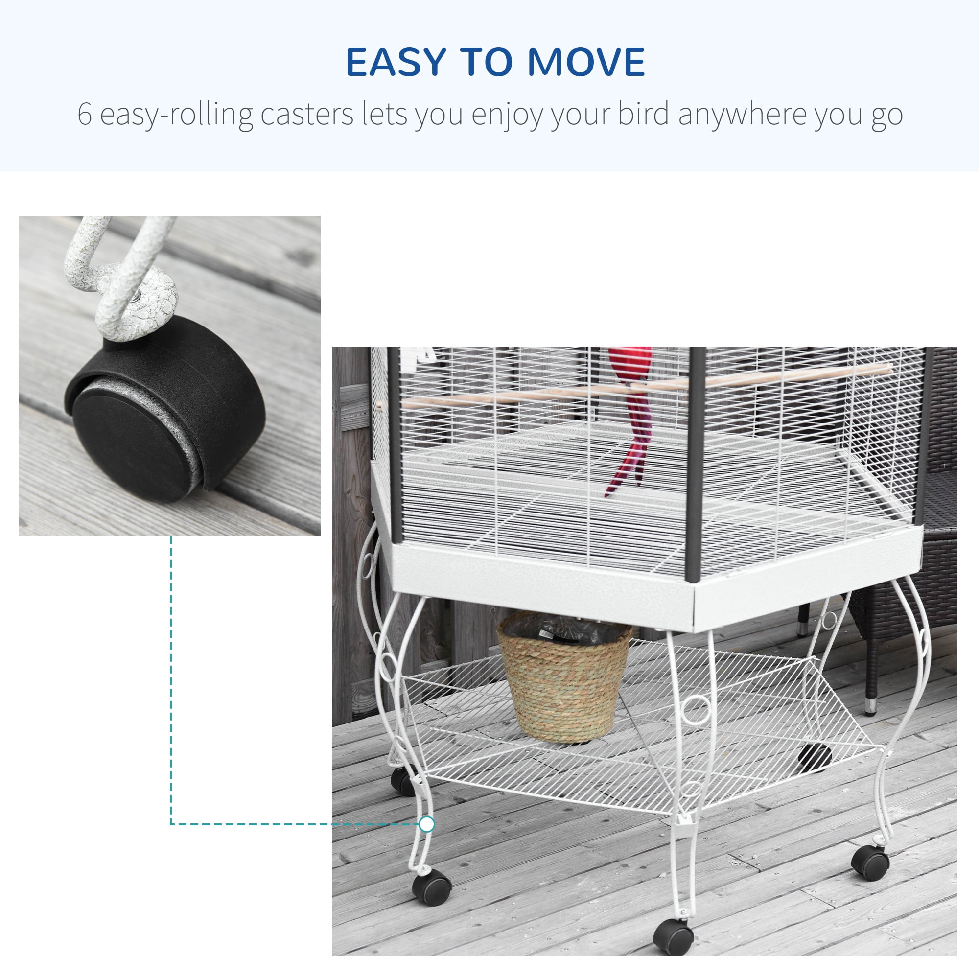 Noaman PawHut 77" Flight Bird Cage Hexagon Covered Canopy Portable Aviary With Storage, White Steel Large Bird House for Multiple Birds, Easy Rolling Casters