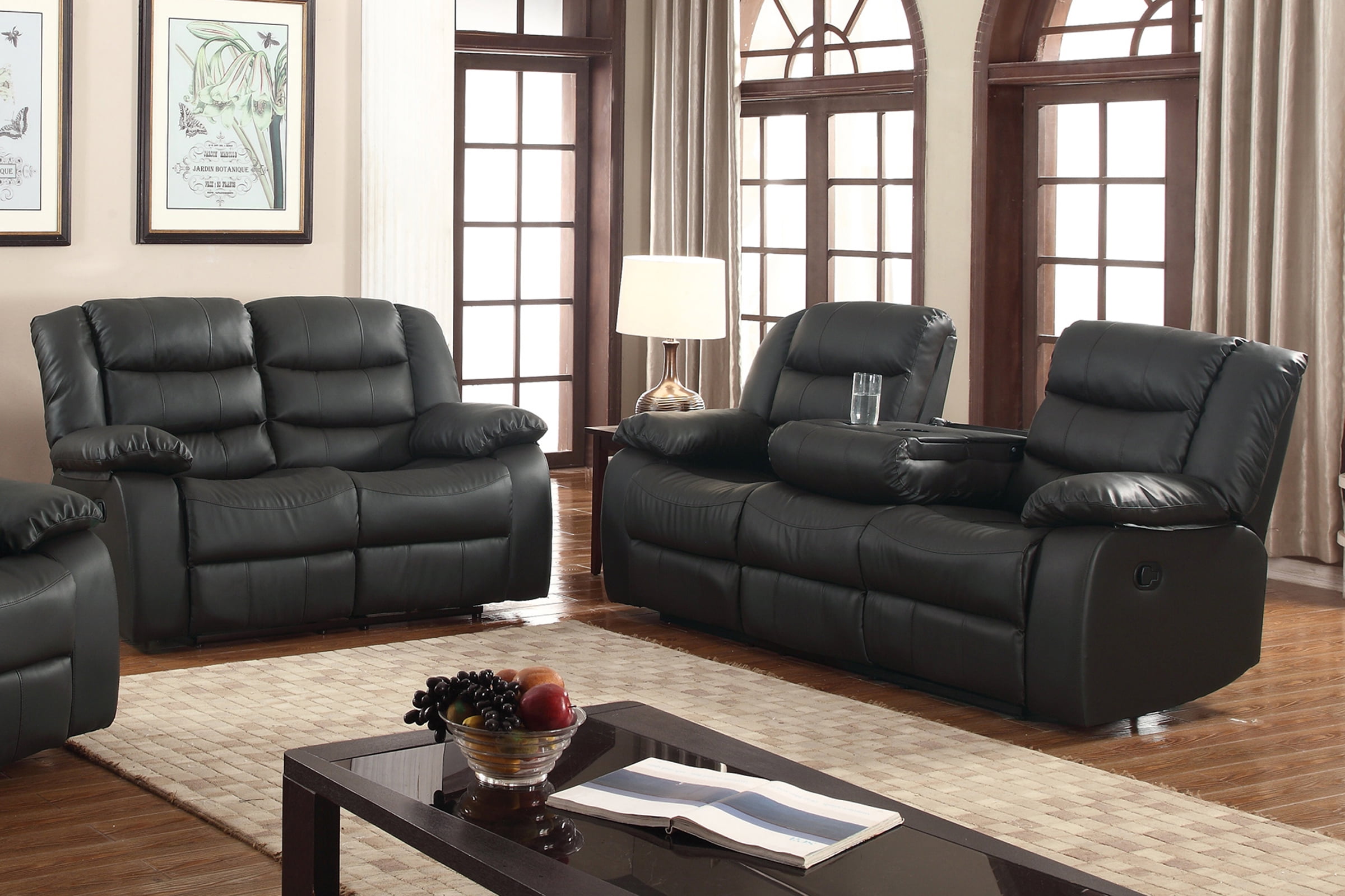 Layla 2 pc Black Faux Leather Living Room Reclining Sofa and