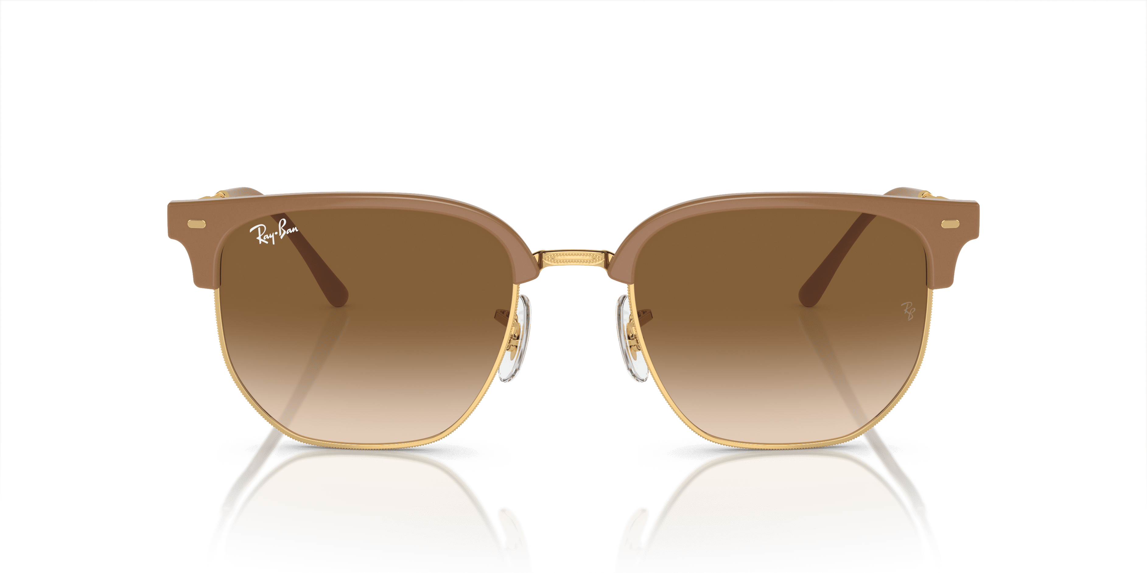 Ray-Ban New Clubmaster Sunglasses, Polished Beige on Gold with Light Brown Eye Glasses, Size 53