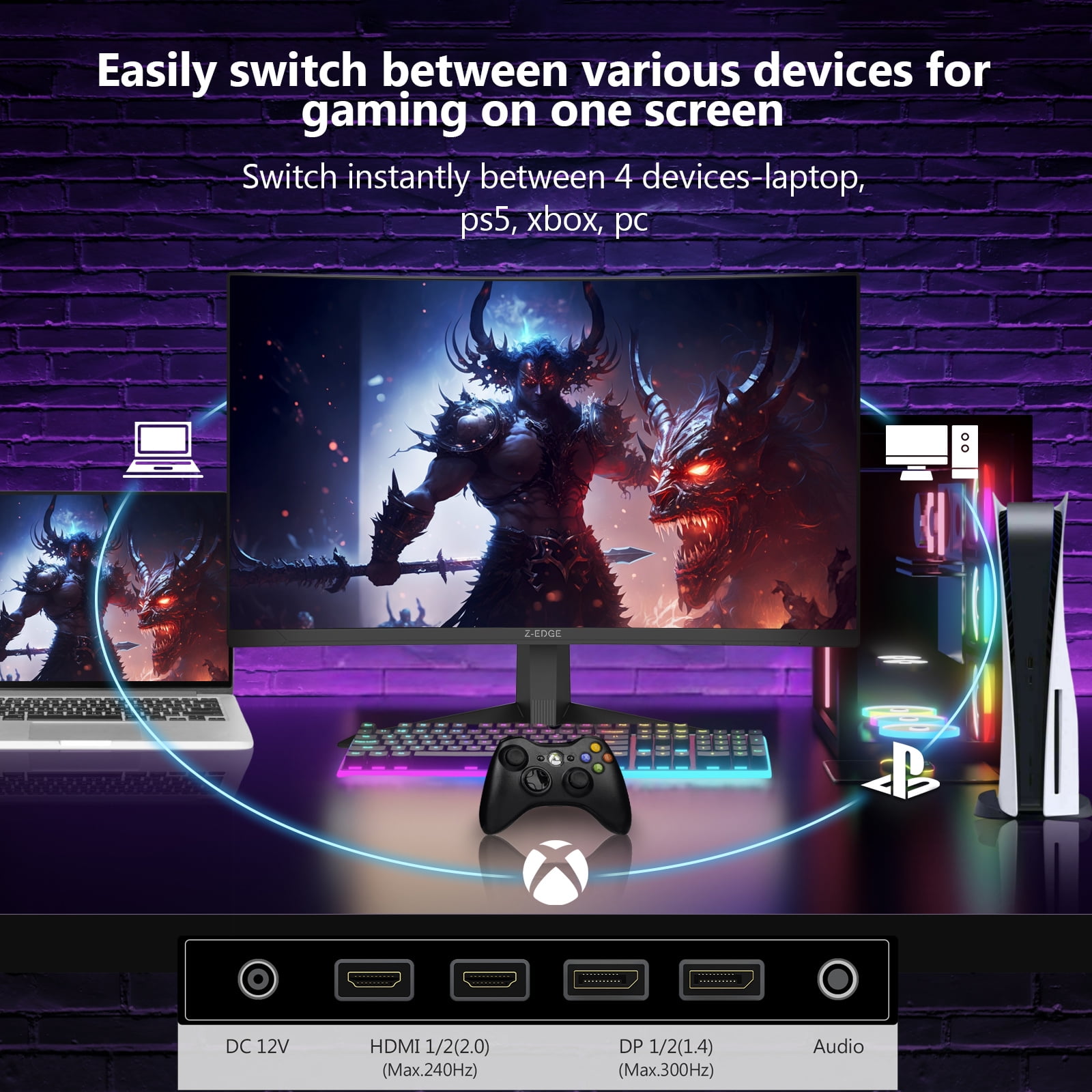 Z-EDGE 27 Inch 300Hz Curved Gaming Monitor, FHD 1080P VA Display, 1ms MPRT, AMD FreeSync, HDR Support, VESA Mount Compatible, Black