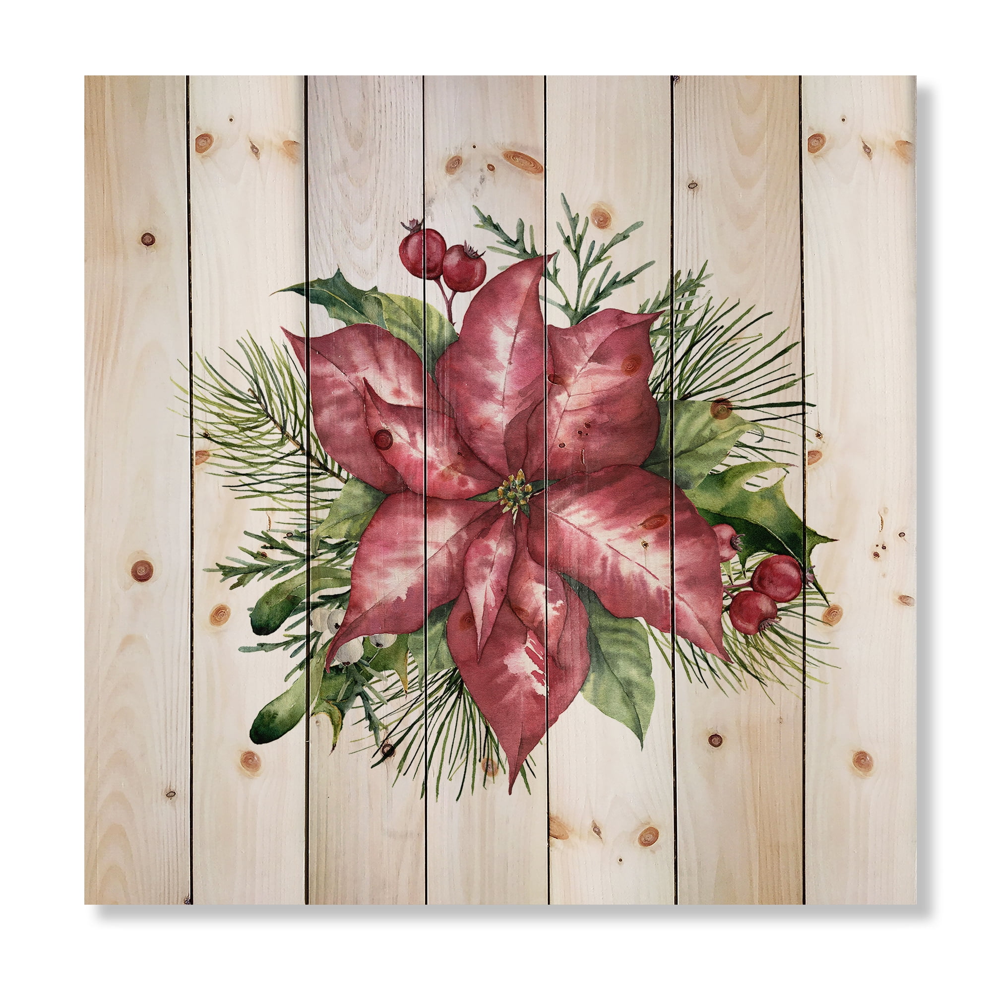 Designart 'Christmas Fir Branch and Holly Mistletoe Berries III' Traditional Print on Natural Pine Wood