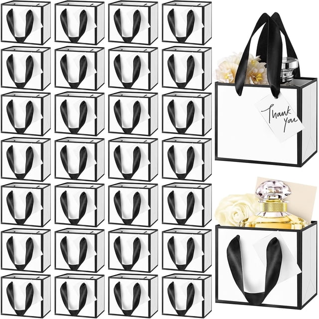 50 Mini Bolsas de Regalo de Papel de Aluminio Metálico con Mango 10.2 x 12.1 x 5.7 cm Bolsa de Recuerdos de Gracias Extra Pequeña con Etiqueta para Graduación Cumpleaños (Blanco, Negro)