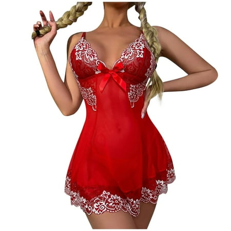 

OVTICZA Women s Nightgown Teddy Mesh Sleepwear Sexy V Neck See Through Chemise Lingerie L Red
