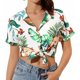 thumbnail image 2 of Camisa de manga corta con cuello vuelto para mujer, blusa informal elegante con botones y estampado floral para fiesta en la playa, verde, L, 2 of 5