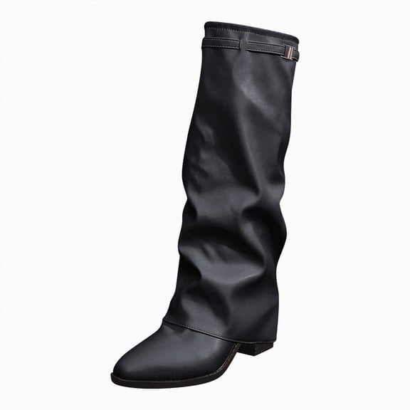 UngA Women's Boots Mid Calf Chunky Low Heel Riding Booties Motorcycle Biker Round Toe Fashion Buckle Western Booties Trendy Stylish Boots Women Black,Size 7.5