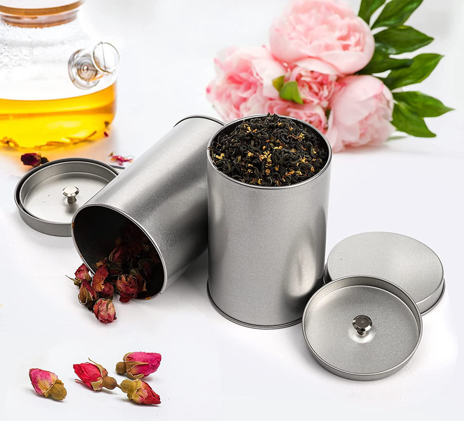 6 Pack Tea Tin Canister with Airtight Double Lids, 12 Fluid Oz Tin Can Box and Small Round Kitchen Canisters for Loose Tea, Coffee, Candy, Herbs and Spices(Silver)