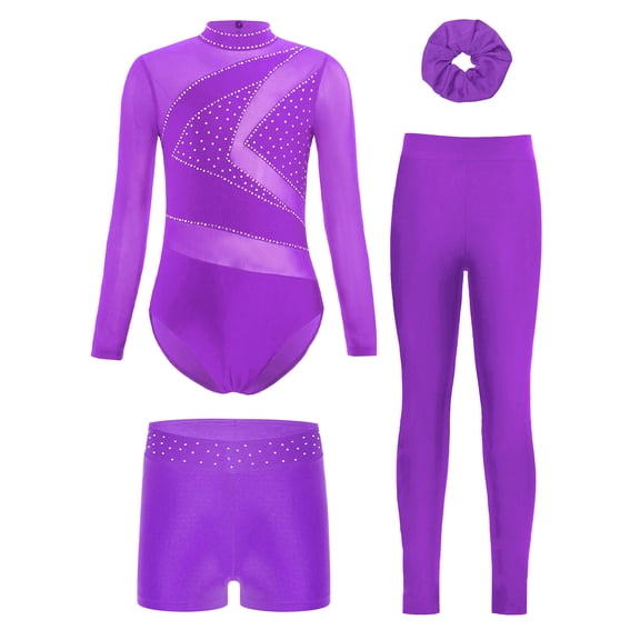 TSSOE Kids Girls Sparkly Long Sleeve Gymnastics Leotard Dance Ballet Unitard Biketard and Short Legging Hairband Set Purple 10