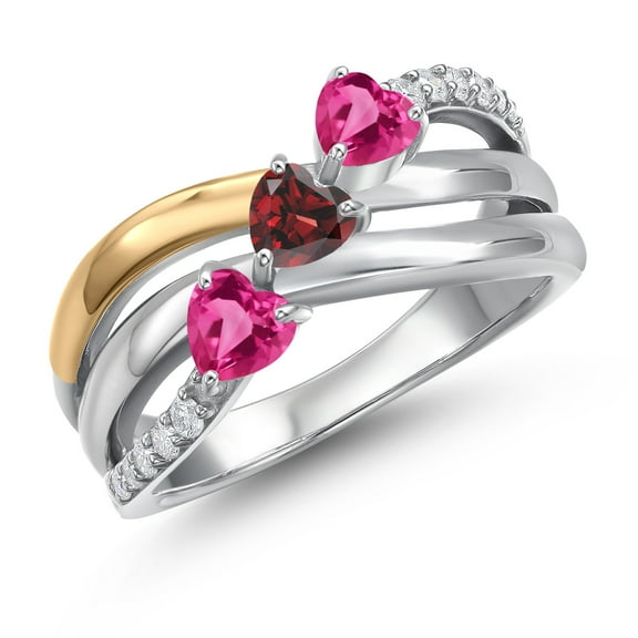 Gem Stone King 925 Silver and 10K Yellow Gold Pink Created Sapphire and Red Garnet and Lab Grown Diamond Engagement Ring for Women | 1.42 Cttw | Heart Shape Gemstone September Birthstone | Size 5