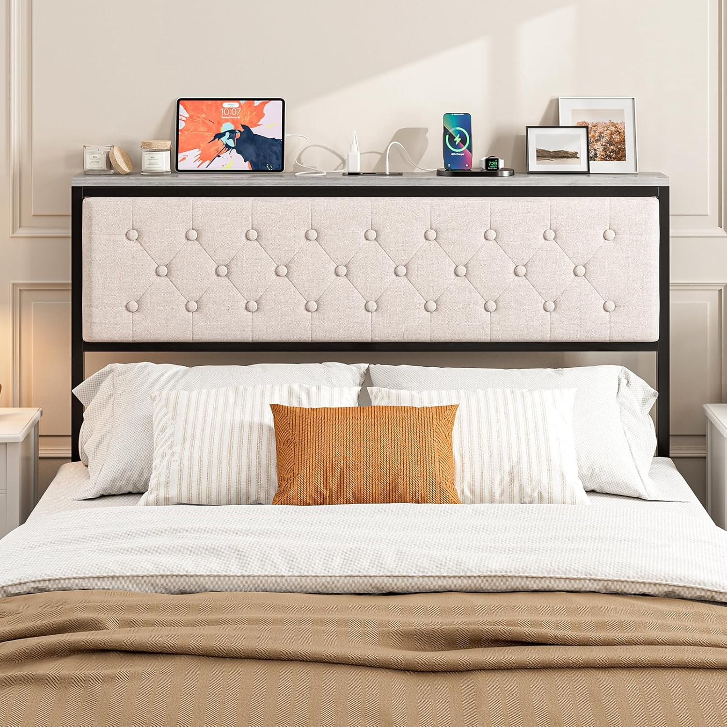 ARICOEASY Queen Size Storage Headboard with Charging Station, Upholstered Button Tufted Headboard, Easy Assembly, Beige