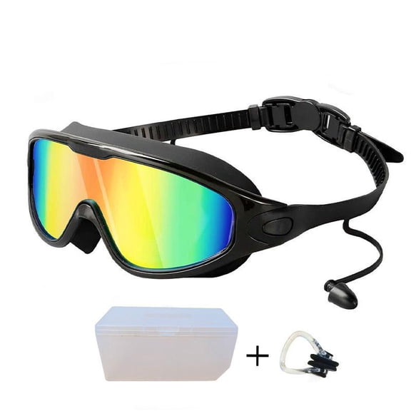 Large Frame Swim Goggles with Nose Cover, Anti-Fog Swimming Mask with Connected Earplugs & Case for Adult Men Women