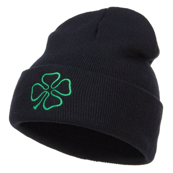 Four Leaf Irish Clover Embroidered Long Beanie - Navy OSFM